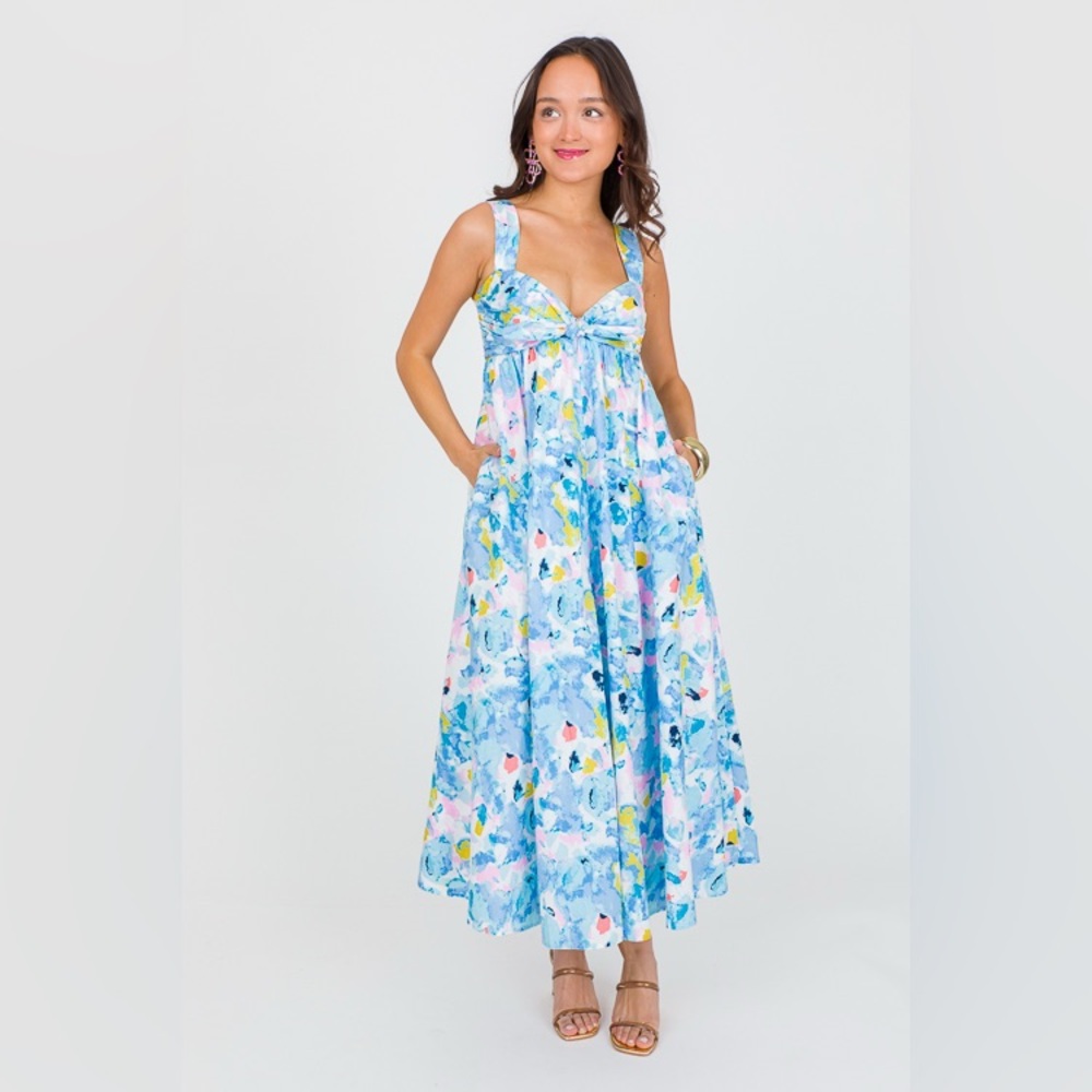 Buddy Love Blue and White Pleated Maxi Sundress